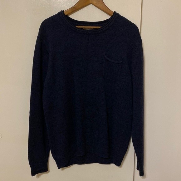 Carbon 2 Cobalt Dark Blue Sweater with Pocket Marled Heavyweight L Merino Wool - Picture 2 of 10